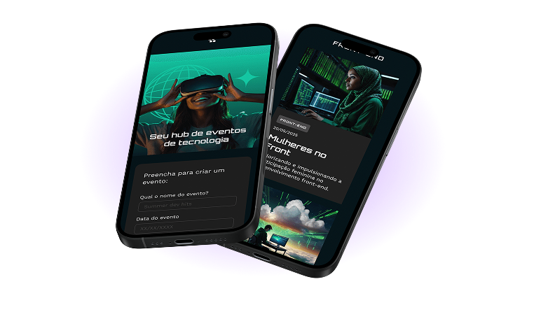 Tela do App Tecboard em dois celulares pretos sobrepostos, com destaque para o hub de eventos de tecnologia